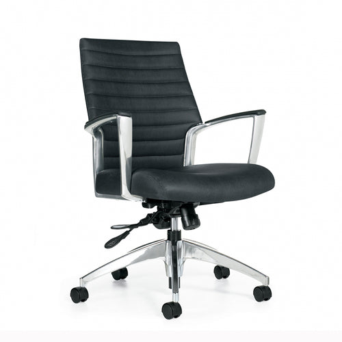 Global Office Furniture - Accord conference chair - modern design - aluminum armrests and base - pleated backrest - black leather - computer chair for offices and conference rooms - chicagoofficechair.com - Corporate buyers and small businesses Naperville to Niles and from Barrington to Berwyn, Chicago office furniture buyers like the Global Accord Chair - chicagoofficechair.com